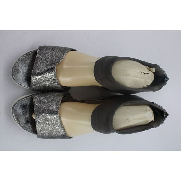 Eileen Fisher Sign Sandals Women's 10 Silver Leather Ankle Strap Back Zip - Picture 3 of 11